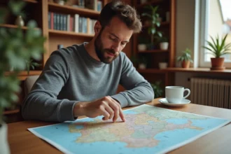 Un homme en pull gris étudiant une carte de France pour comprendre la couverture TNT par région