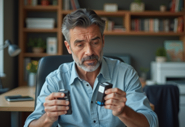 Homme espagnol examine deux cartouches d'impression dans un bureau moderne