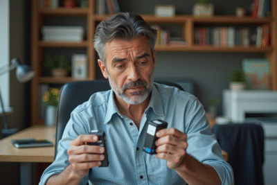 Homme espagnol examine deux cartouches d'impression dans un bureau moderne