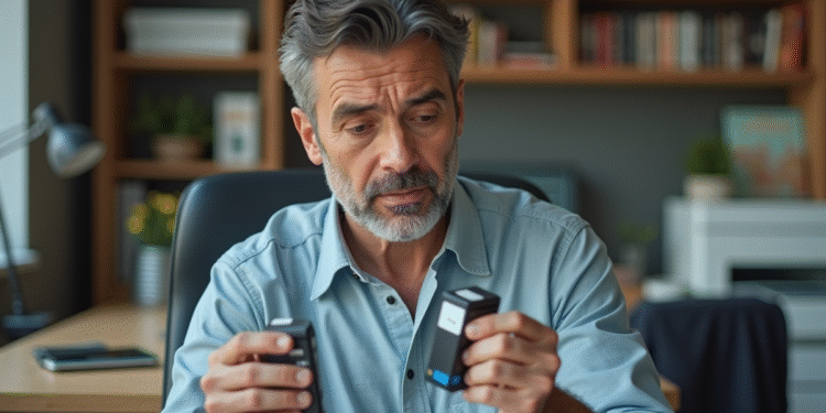 Homme espagnol examine deux cartouches d'impression dans un bureau moderne