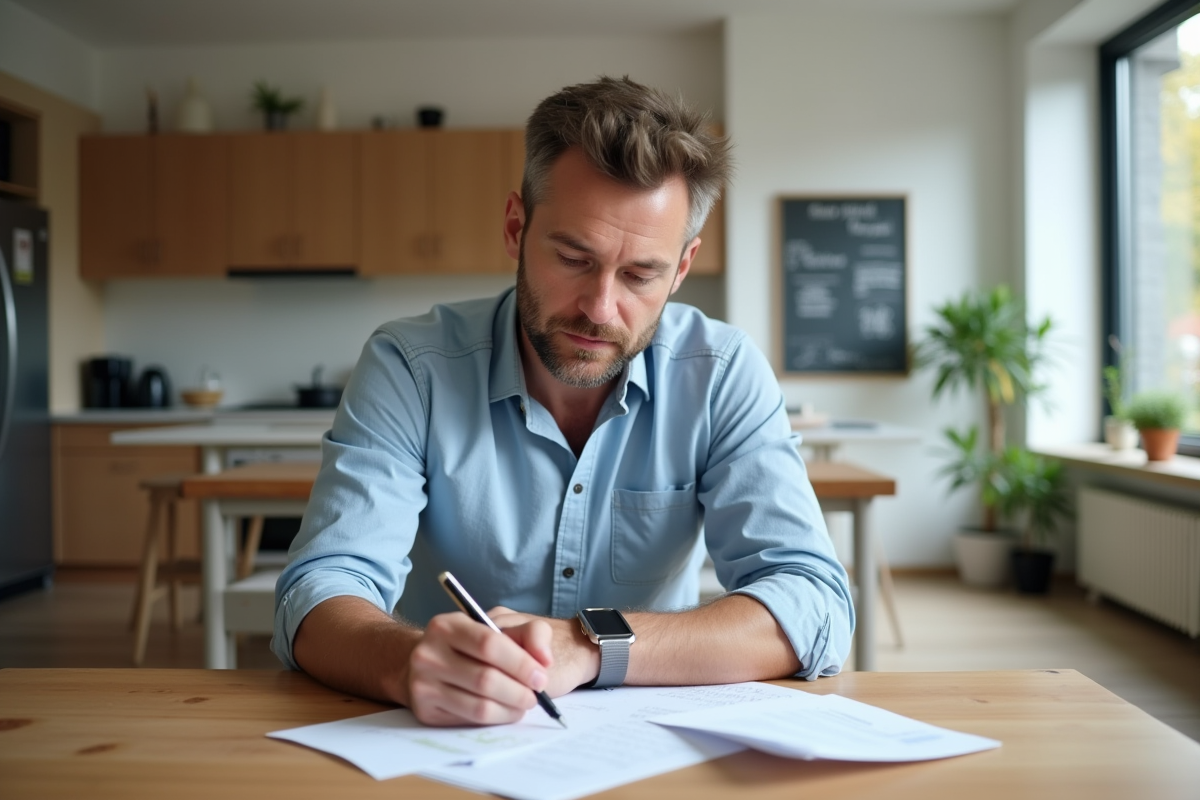 Homme d'âge moyen étudiant des papiers immobiliers dans un appartement lumineux