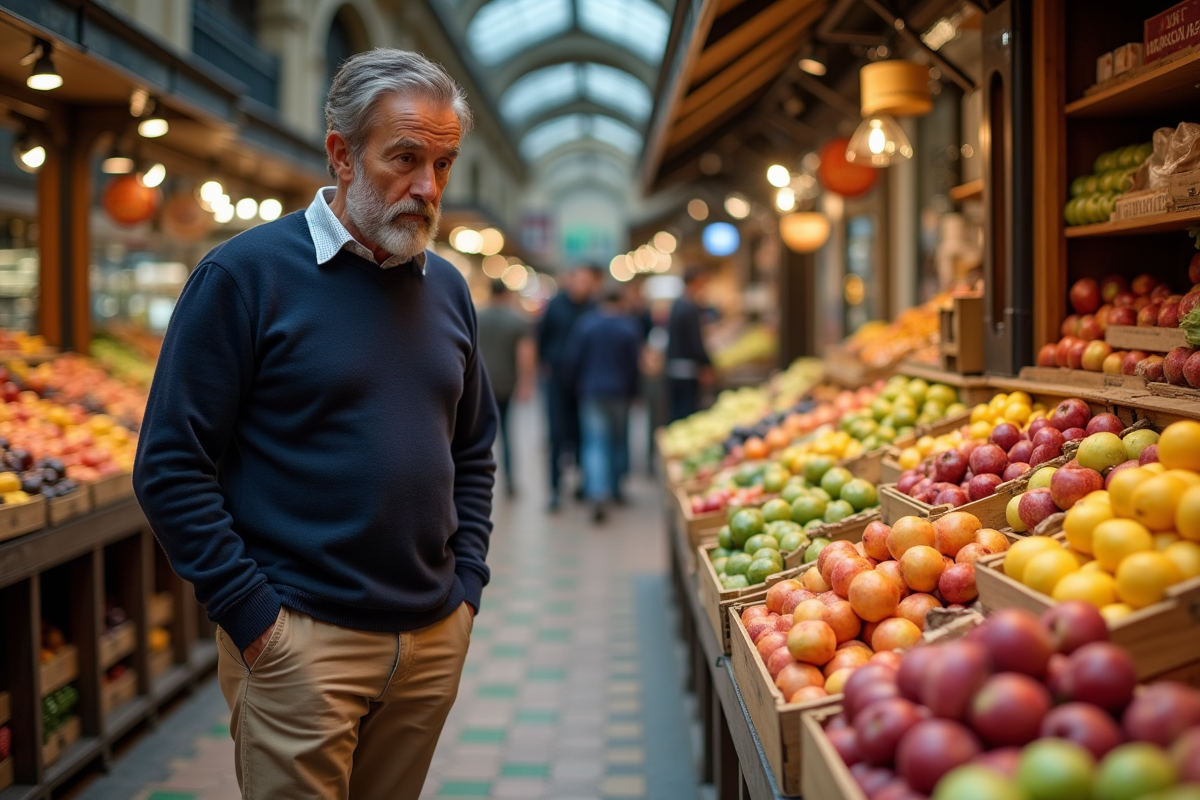 Homme examinant des produits frais dans un marché intérieur