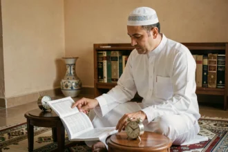 Homme musulman consultant un horaire de prière imprimé sur un tapis de prière lors du ramadan 2026