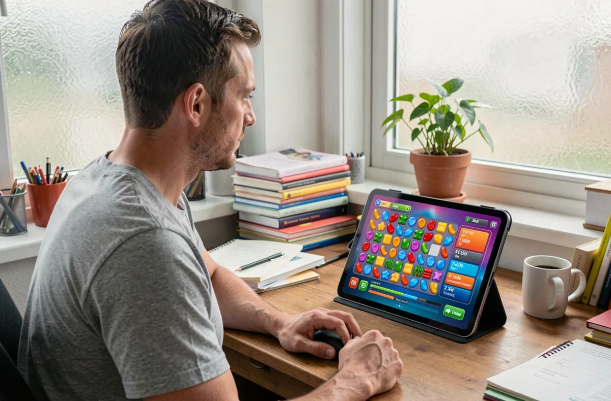 Homme adulte jouant à un jeu de niveaux de bonbons sur tablette dans un bureau à domicile