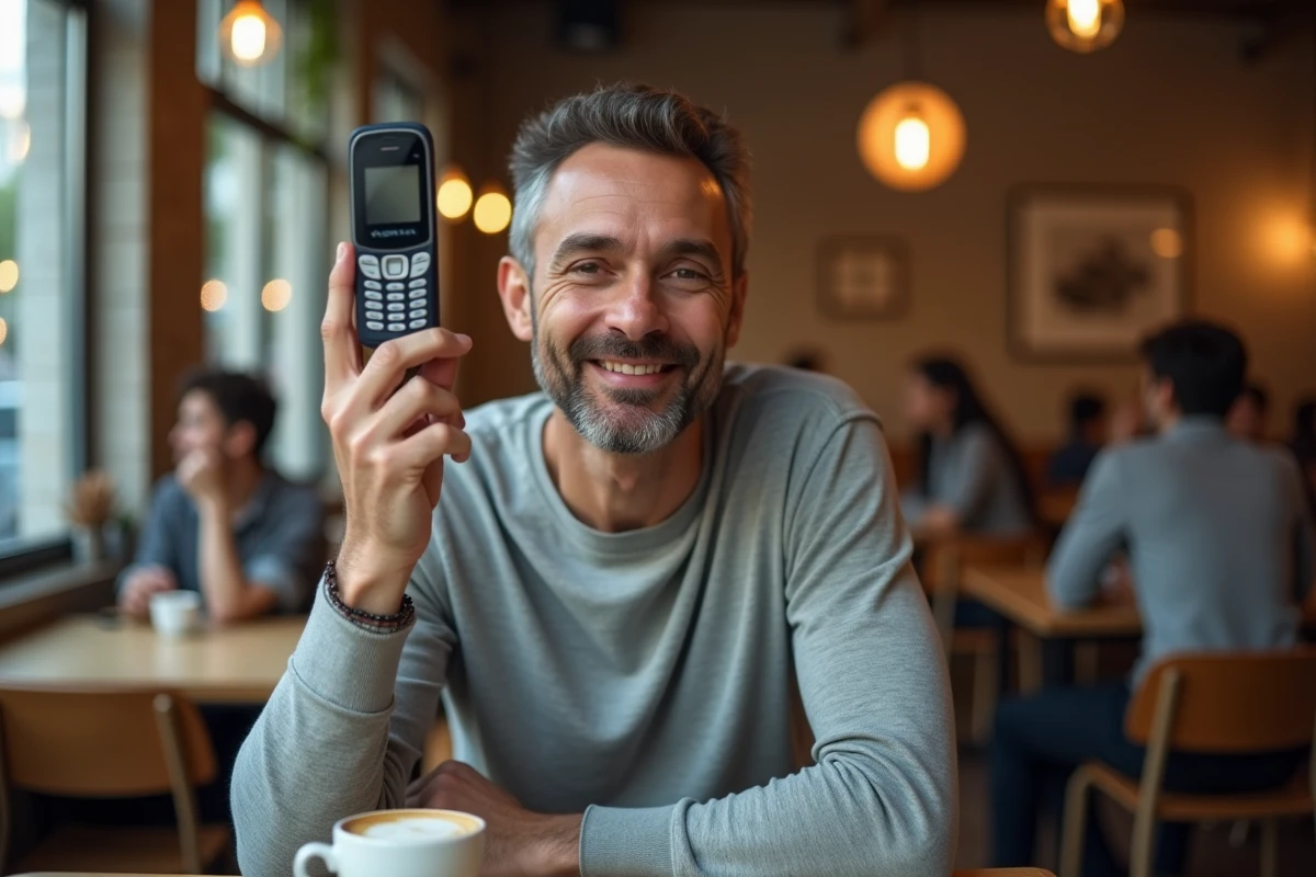 Homme tenant un Nokia 8210 dans un café, expression nostalgique et amusée