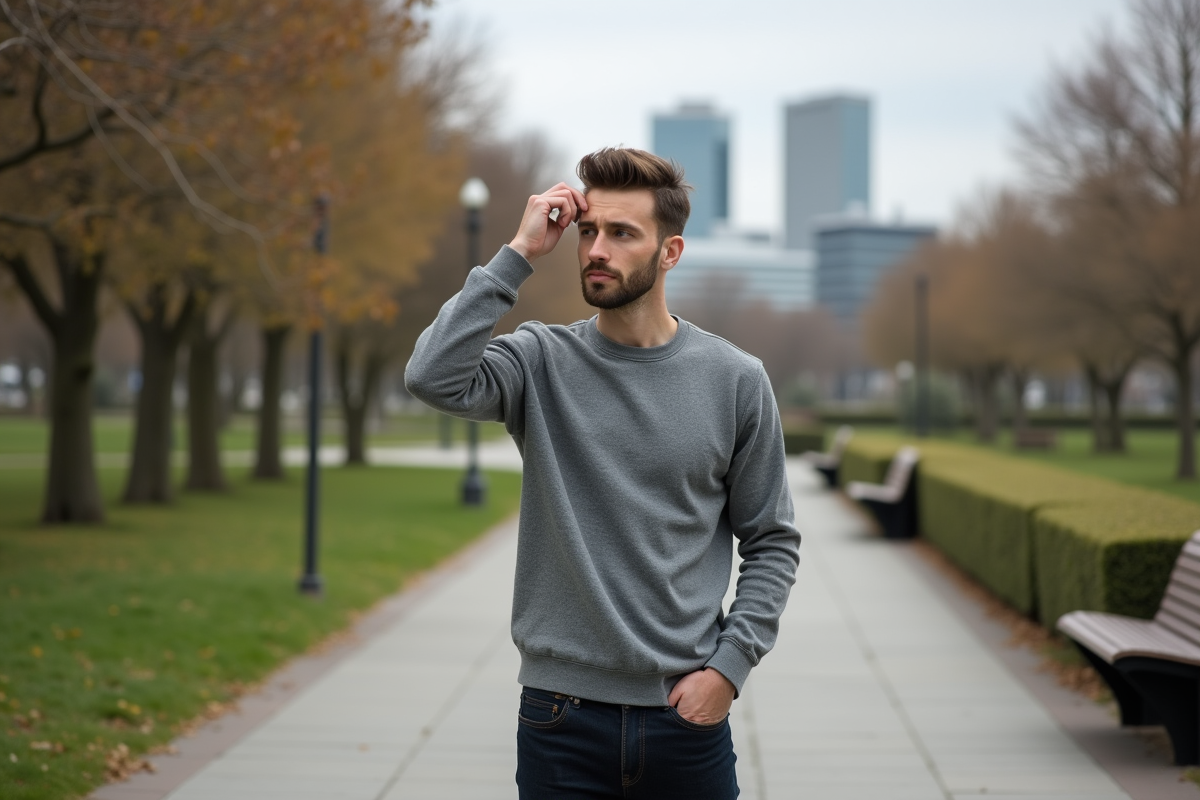 Homme en pull gris se coiffant dans un parc urbain