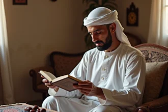 Homme nord-africain en djellaba vérifiant l'heure dans un salon