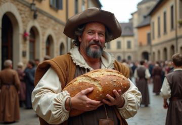 Homme en costume Renaissance tenant un gros pain rustique