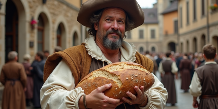 Homme en costume Renaissance tenant un gros pain rustique