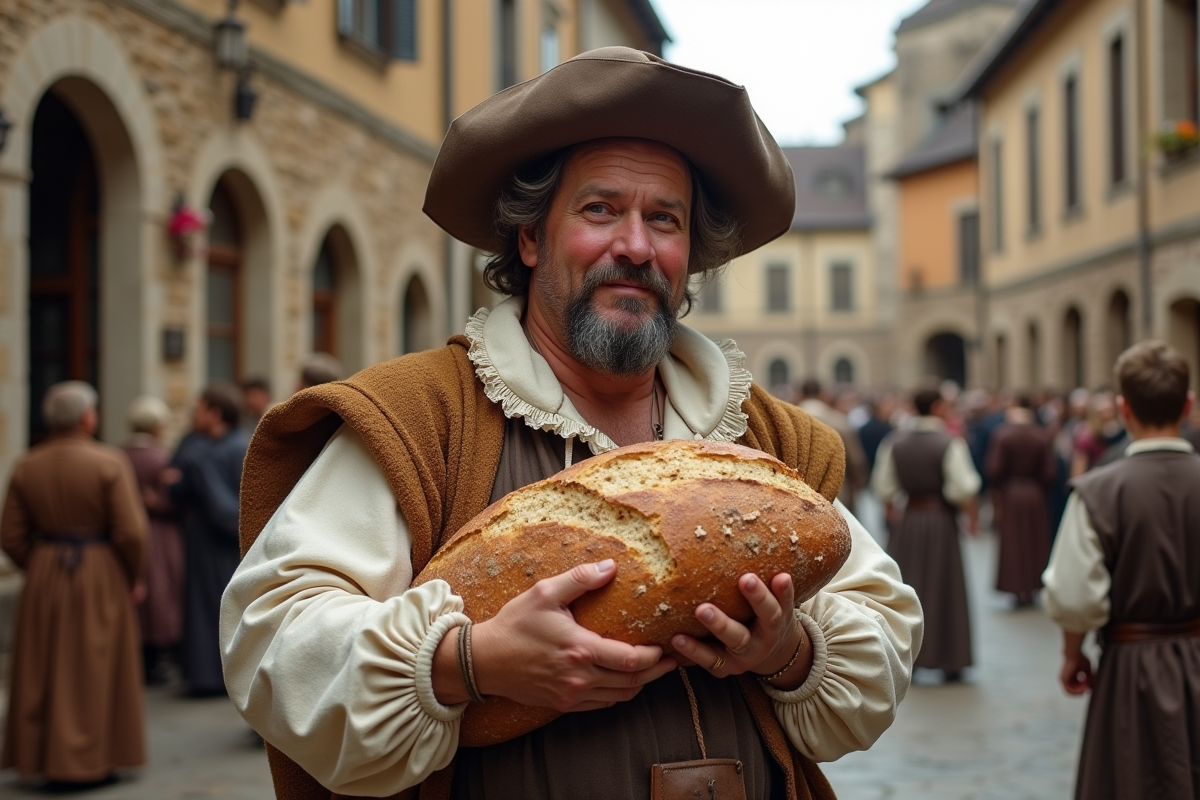 Homme en costume Renaissance tenant un gros pain rustique