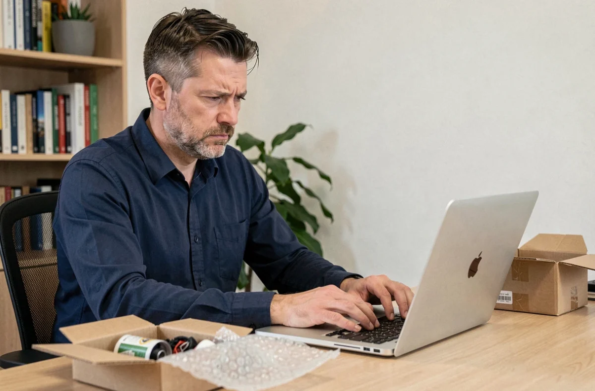 Homme contactant le service client Hacoo depuis son bureau pour signaler un produit défectueux