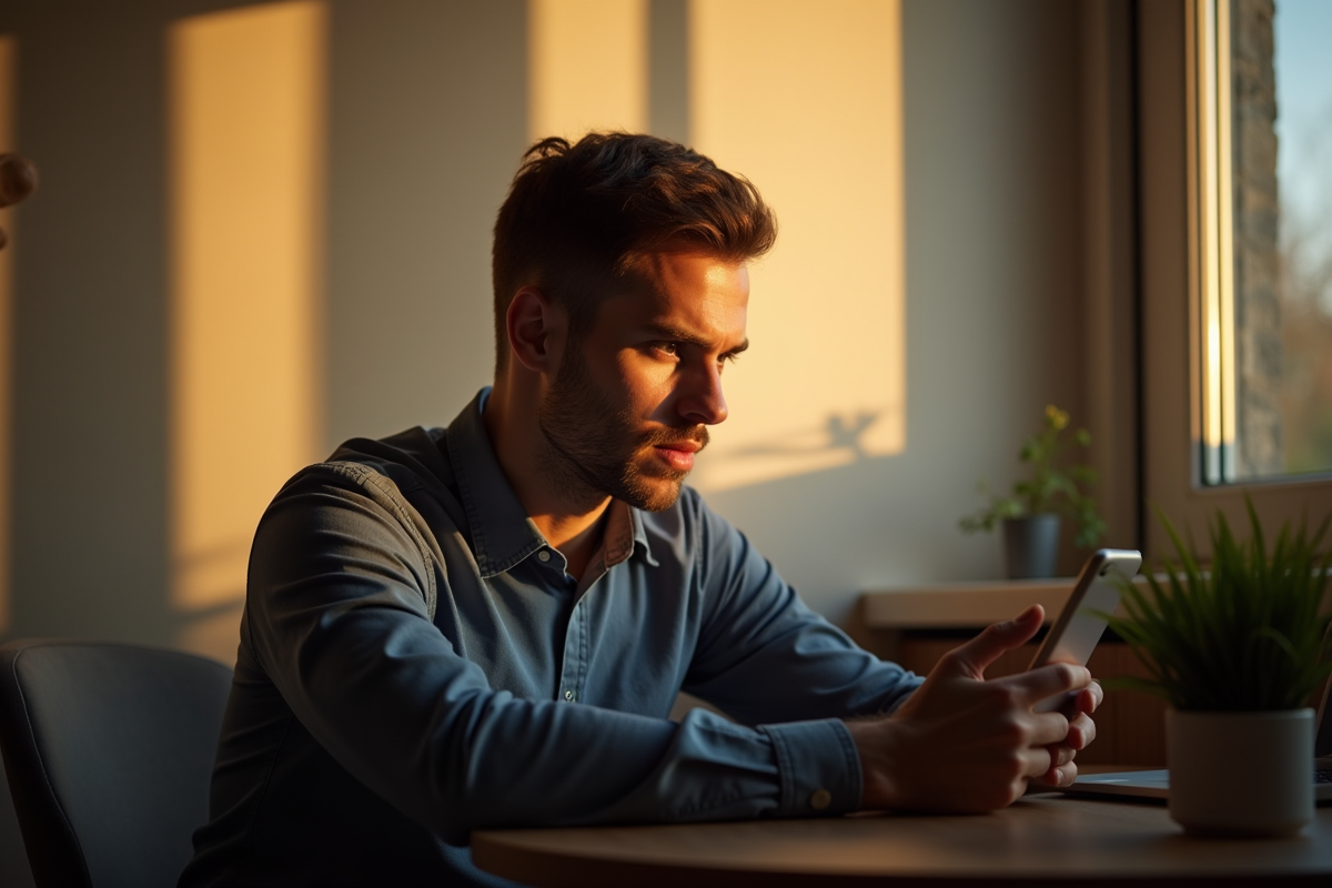 Homme pensif regardant son téléphone au matin