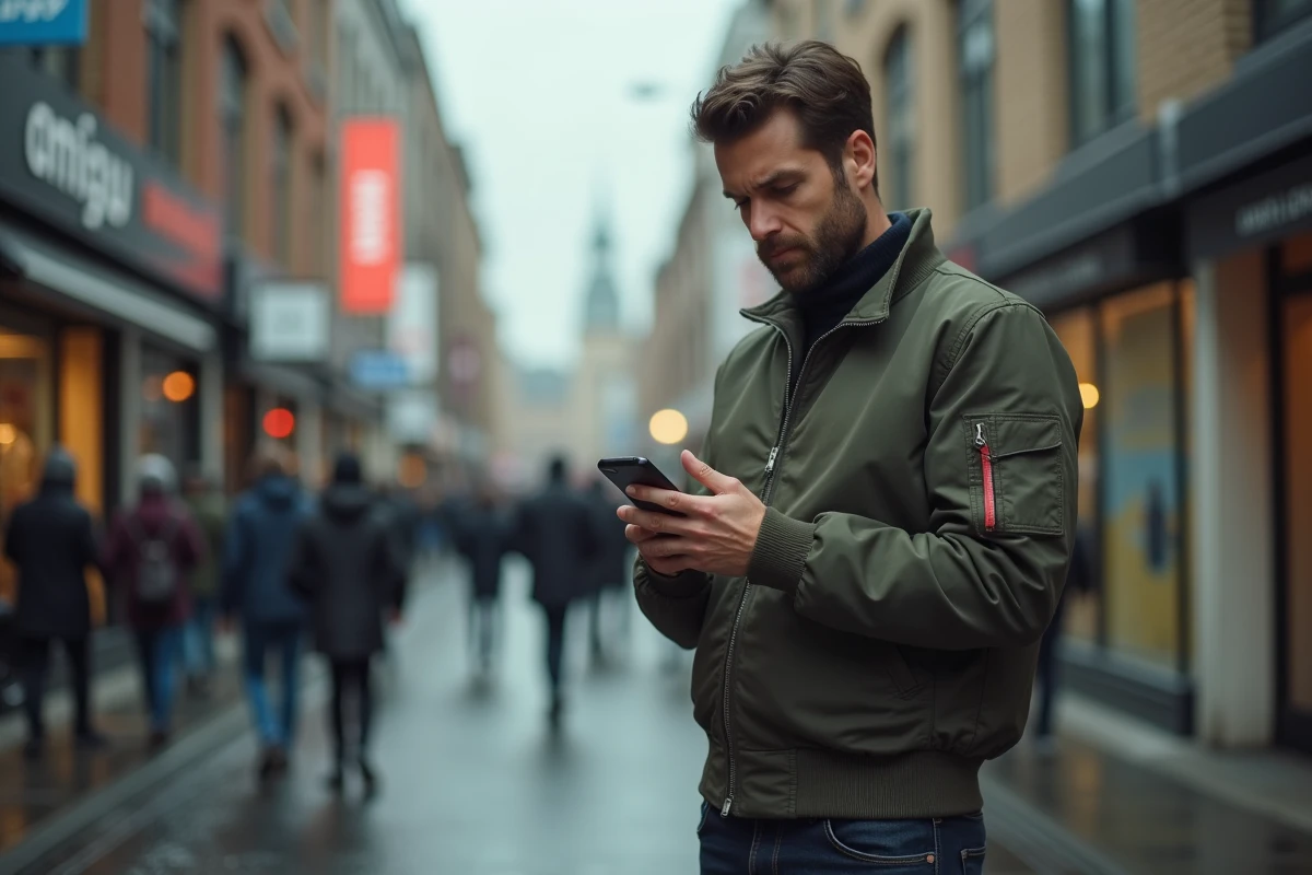Homme dans la rue consultant son téléphone face à un phénomène viral inconnu, symbole d'alerte pour les marques sur les réseaux sociaux