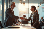 Homme senior souriant serrant la main d'une jeune manager au bureau