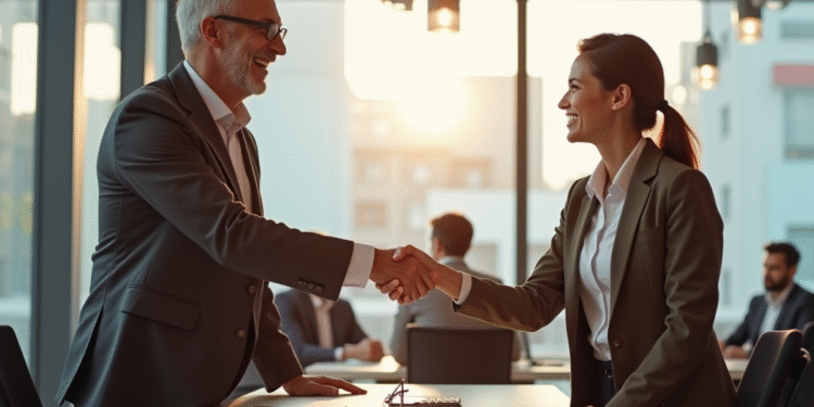 Homme senior souriant serrant la main d'une jeune manager au bureau