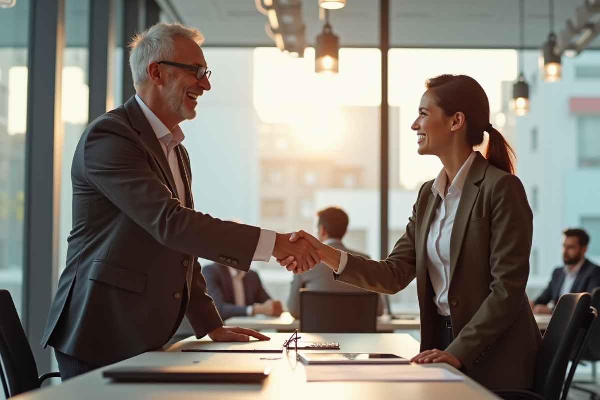 Homme senior souriant serrant la main d'une jeune manager au bureau