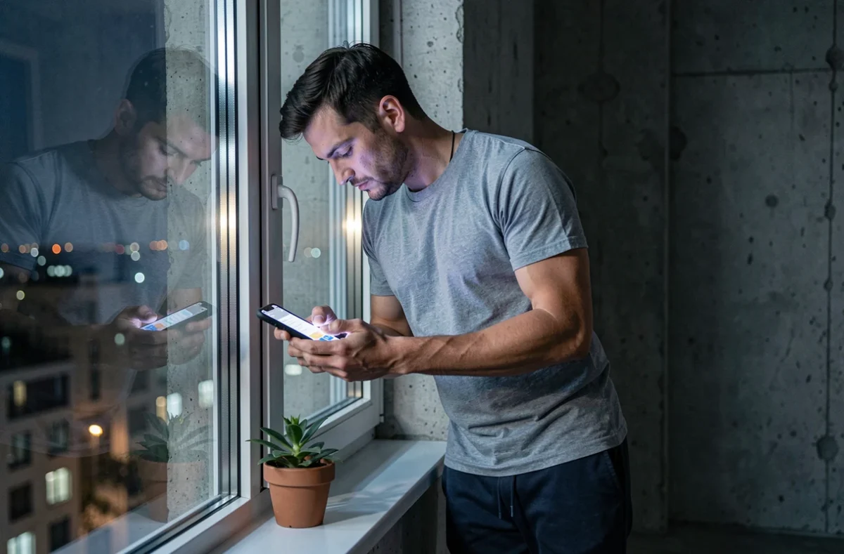 Homme seul appuyé contre une fenêtre la nuit tenant son téléphone avec un message de bonne nuit pour sa partenaire