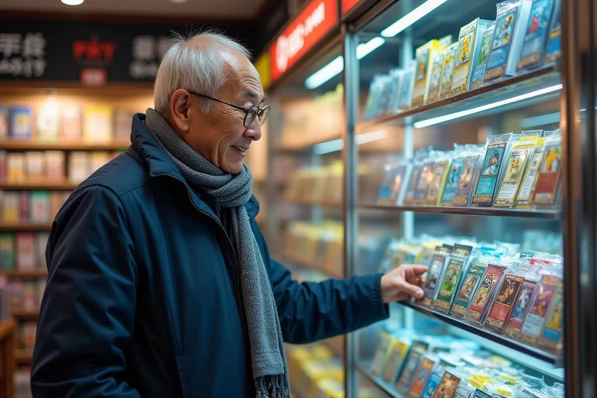 Homme dans boutique de collection de cartes Pokémon