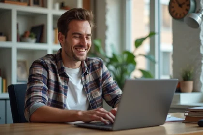Homme souriant devant un ordinateur avec meme de sanglier