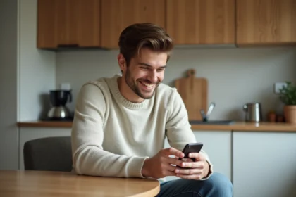 Jeune homme souriant avec téléphone dans une cuisine moderne