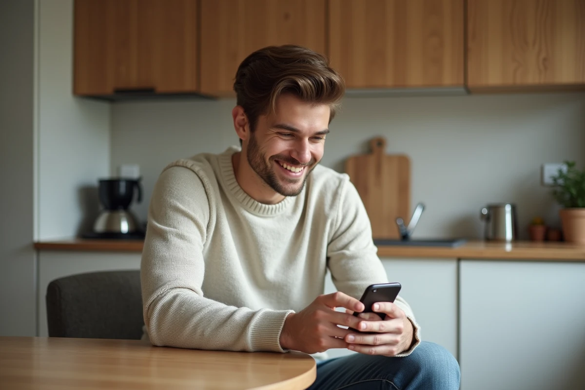 Jeune homme souriant avec téléphone dans une cuisine moderne
