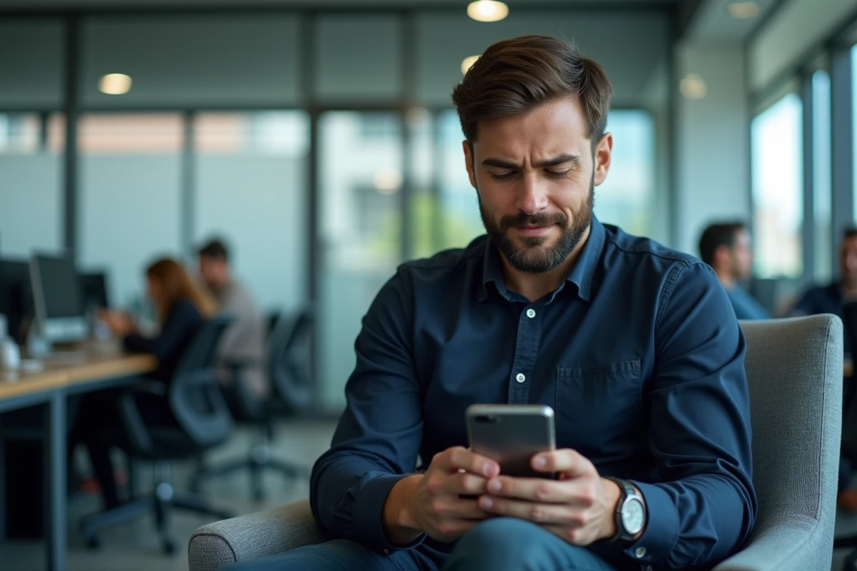 Homme consultant le support Xikori via son smartphone dans un espace de travail moderne