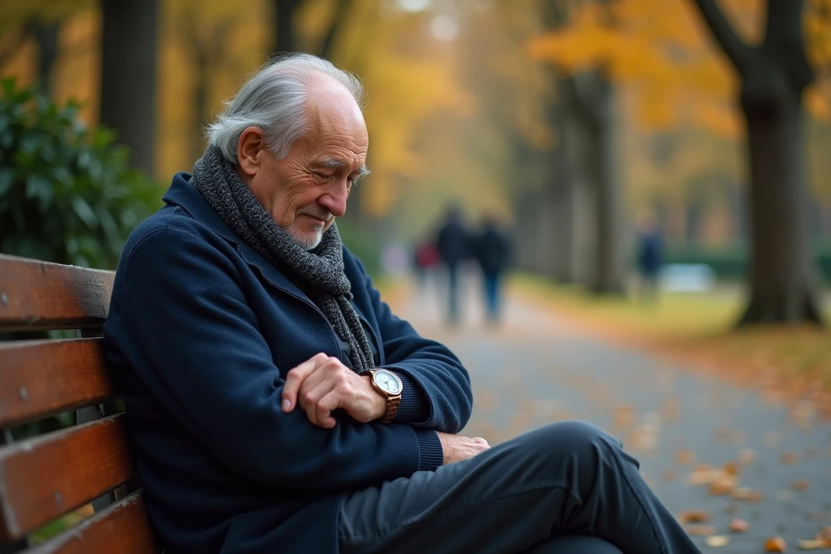 Homme âgé vérifiant sa montre dans un parc en automne