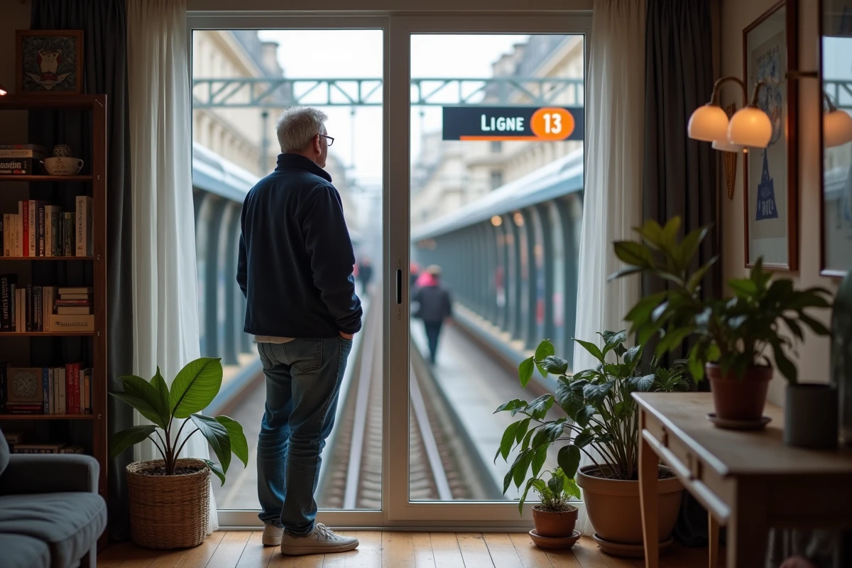 Homme regardant la station de métro depuis son appartement parisien