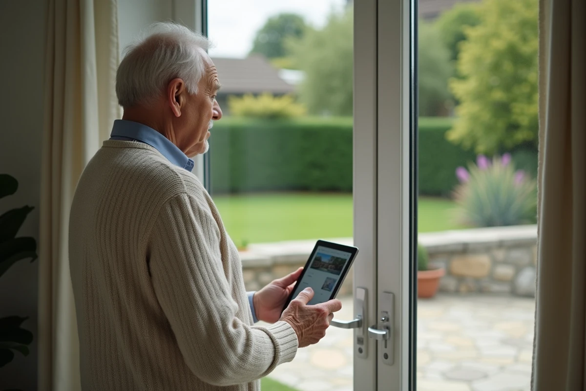 Senior regardant une tablette près d