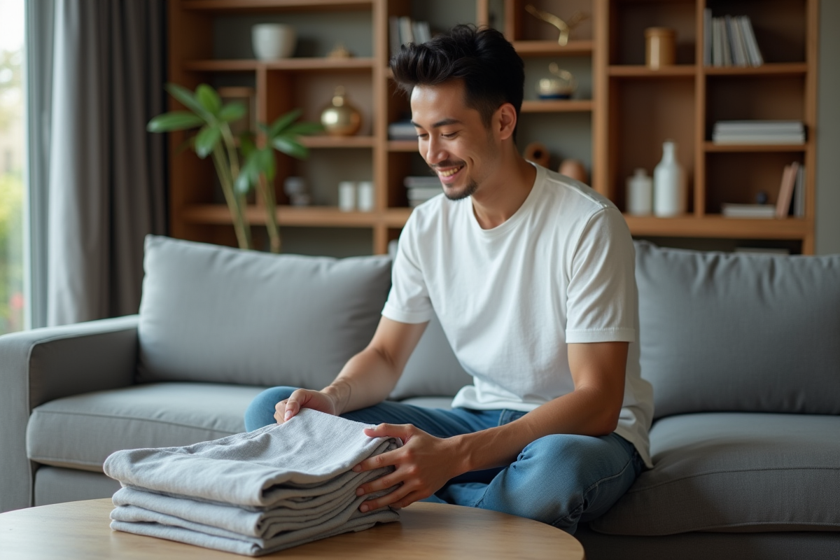 Homme pliant des vêtements sur une table dans un salon moderne