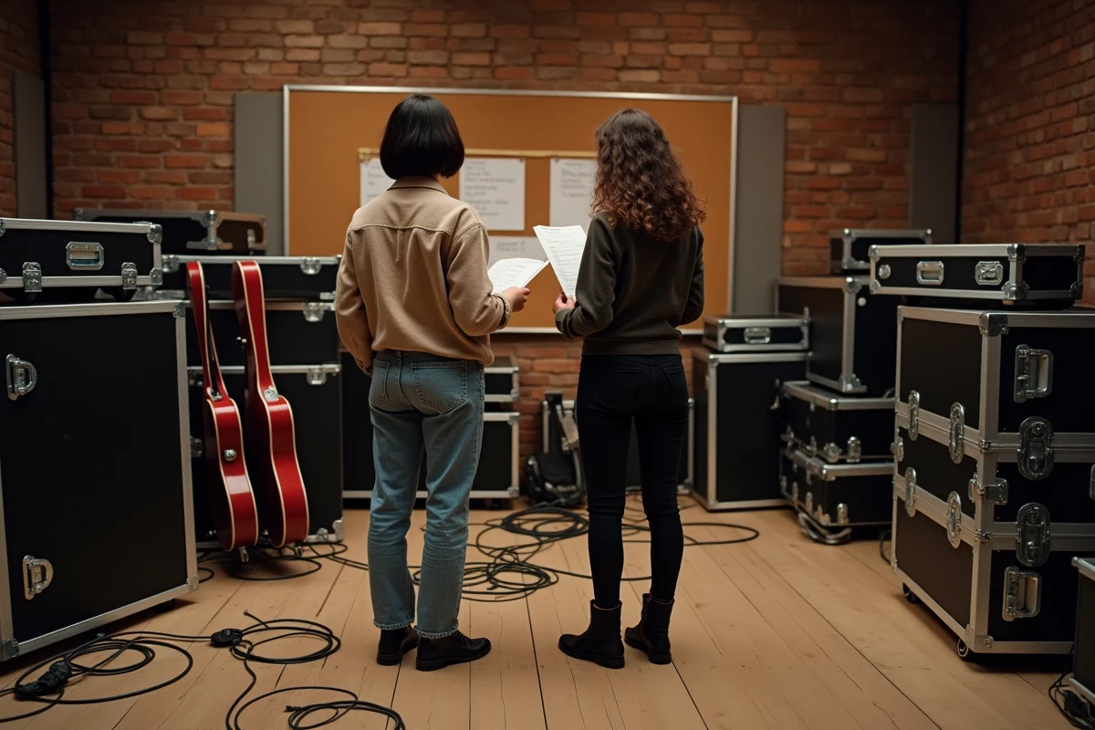 Coulisses d'une salle de concert française, musiciennes de Hyphen Hyphen en répétition avant un concert