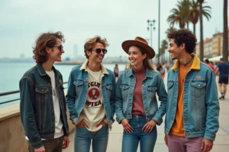 Les membres du groupe Hyphen Hyphen sur la Promenade des Anglais à Nice, ambiance musicale indie rock