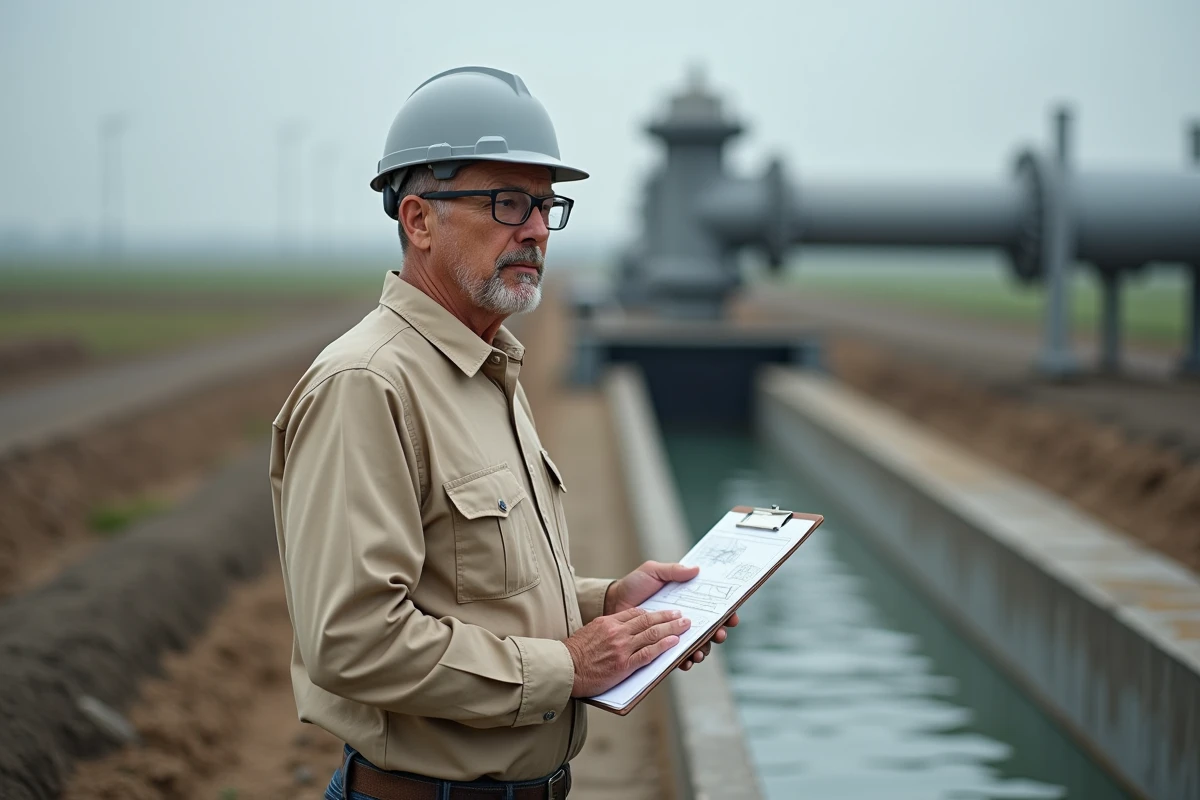 Ingénieur civil devant une installation moderne de noria industrielle sur un site agricole, tenant des plans techniques près d'un canal d'irrigation en béton