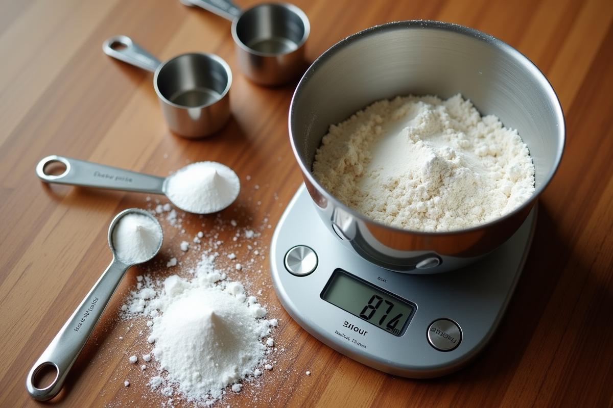 Ingrédients de pâtisserie sur une table en bois avec balance numérique