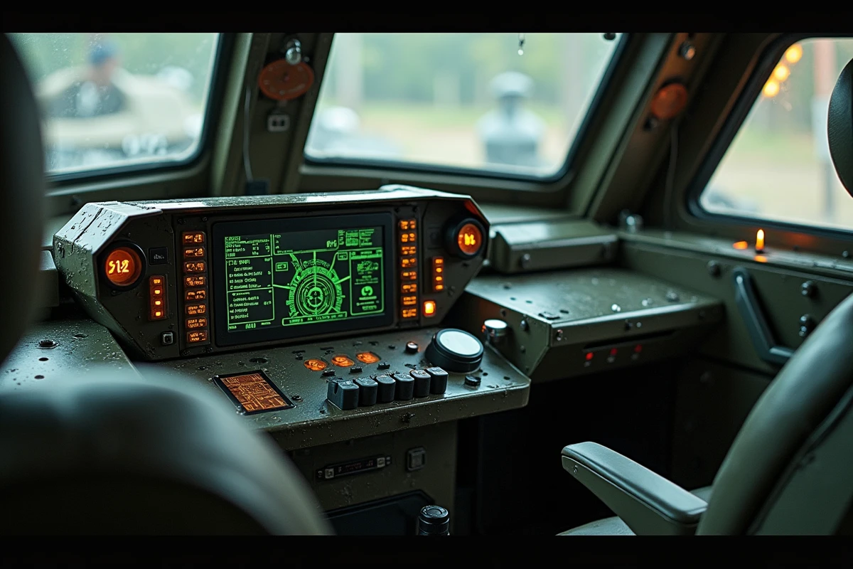 Intérieur du poste de commandement d'un char de combat moderne avec panneaux de contrôle numériques, écrans de visée et interfaces de conduite de tir haute technologie