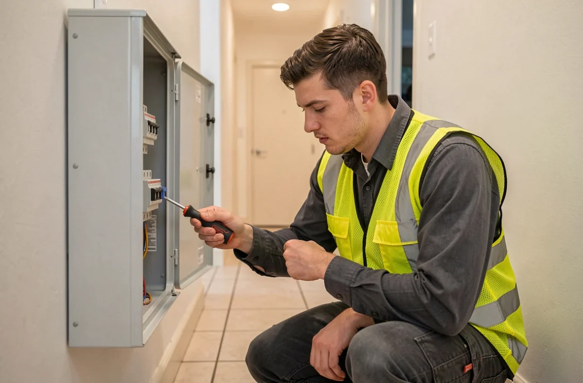 Électricien J Bela Elec travaillant sur un tableau électrique dans un couloir résidentiel