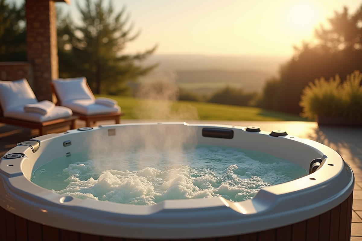 Jacuzzi extérieur sur terrasse avec vue campagne normande