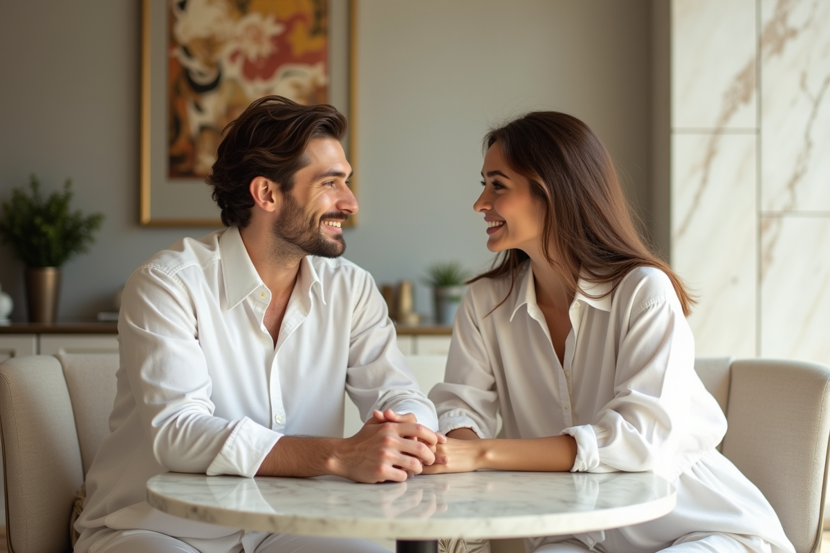 Jeune couple en tenues blanches dans un lounge moderne