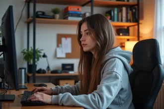 Jeune femme concentrée à son bureau dans une chambre cosy