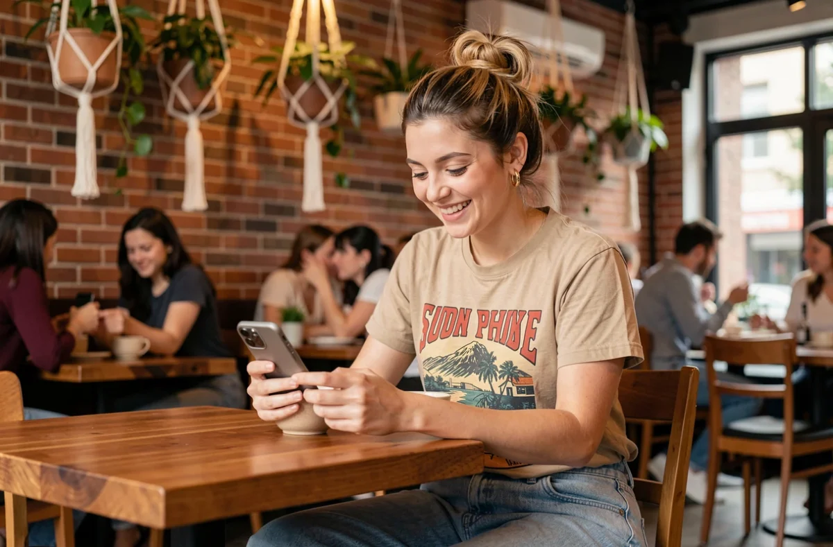 Jeune femme souriante dans un café tendance regardant son smartphone, illustrant l'usage du mot banger chez les jeunes