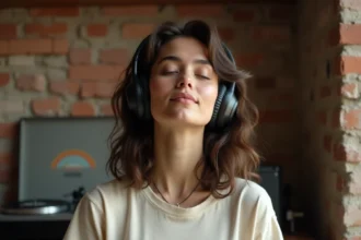 Jeune femme écoutant de la musique avec un casque sans fil dans un appartement vintage entouré de vinyles