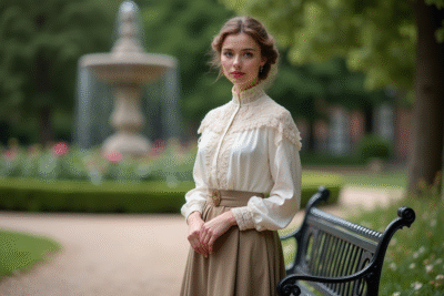 Jeune femme élégante en blouse en dentelle et jupe longue dans un parc