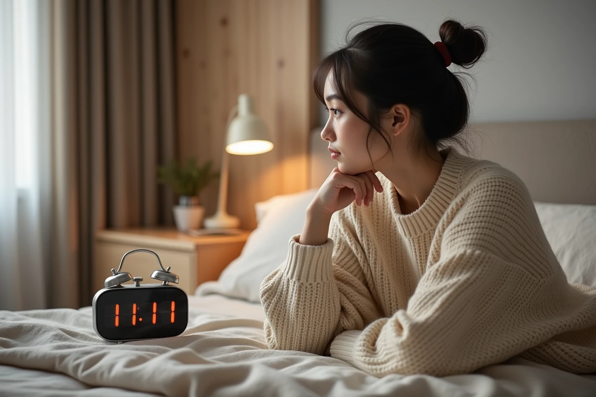 Jeune femme regardant une horloge digitale 11h11 dans une chambre calme