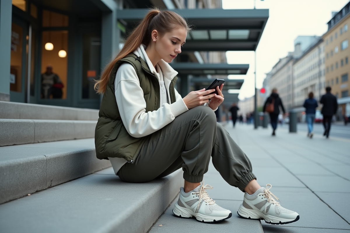 Jeune femme assise sur les marches d