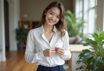 Jeune femme en chemise blanche ajustant un collier minimaliste