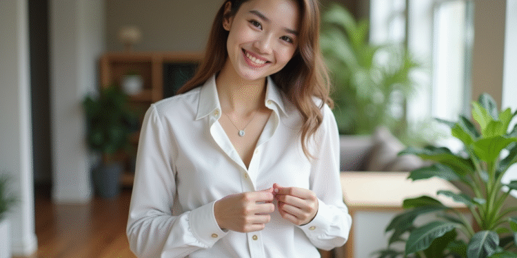 Jeune femme en chemise blanche ajustant un collier minimaliste