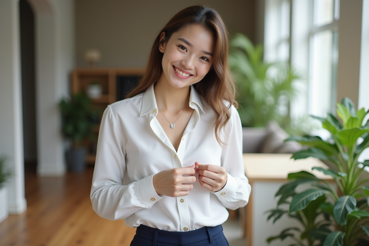 Jeune femme en chemise blanche ajustant un collier minimaliste