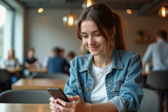Jeune femme utilisant son smartphone dans un café urbain