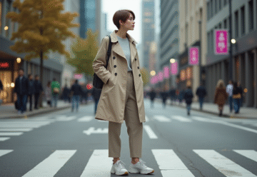 Jeune femme en trench et baskets dans la ville