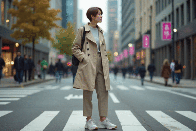 Jeune femme en trench et baskets dans la ville